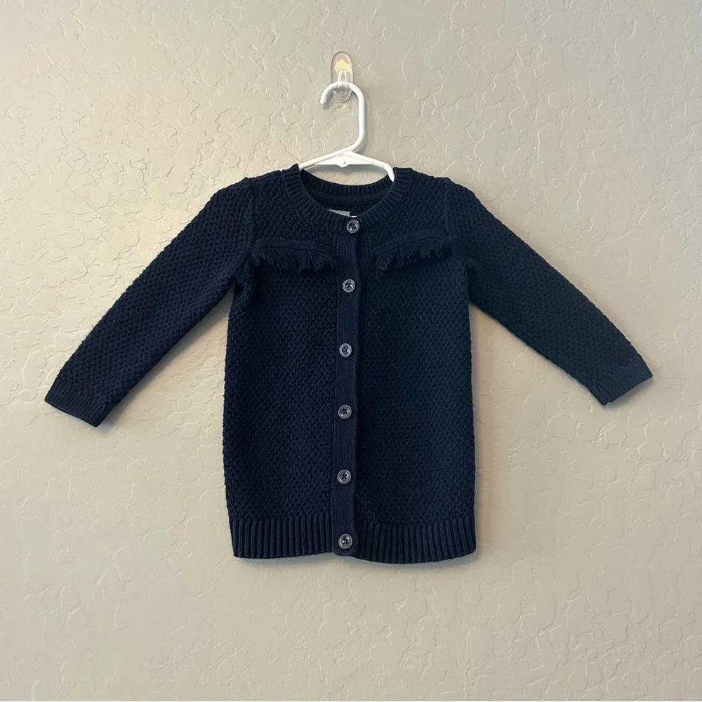 Baby Gap navy blue button front knit cardigan with fringe details size 2 years
